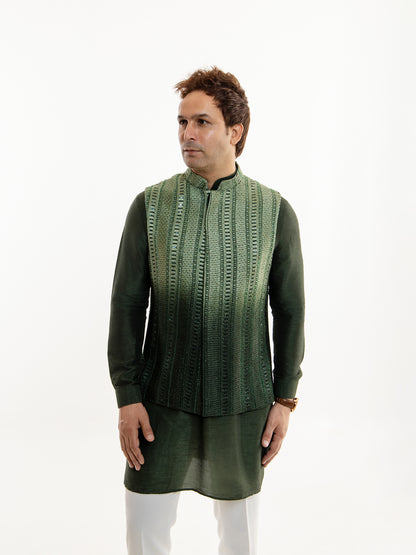 GREEN OMBRE GLASS CUT NEHRU JACKET SET