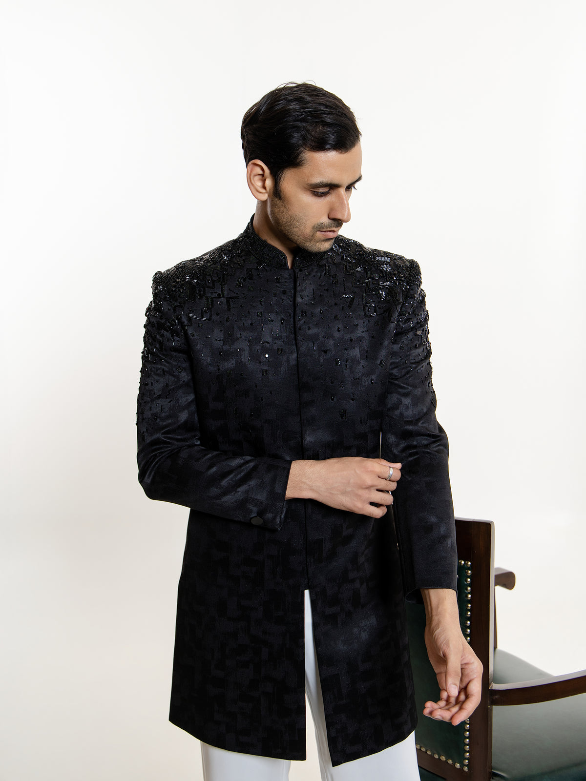JACQUARD GLASS CUT WITH STONE EMBROIDERY INDO WESTERN SET