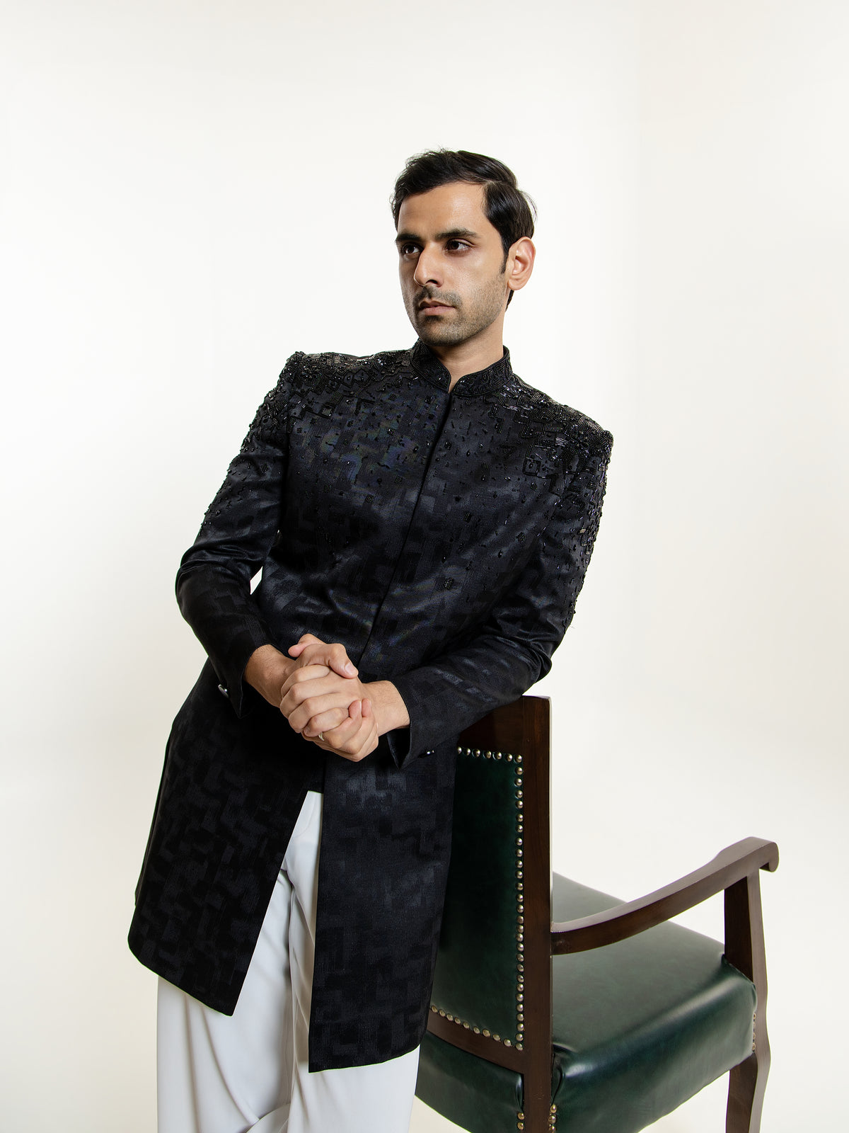 JACQUARD GLASS CUT WITH STONE EMBROIDERY INDO WESTERN SET