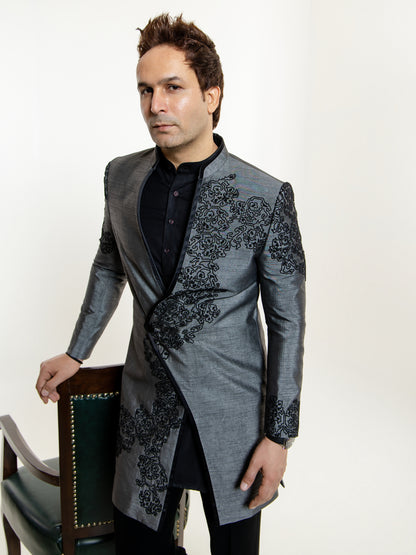GREY FLORAL BEADWORK INDO WESTERN SET