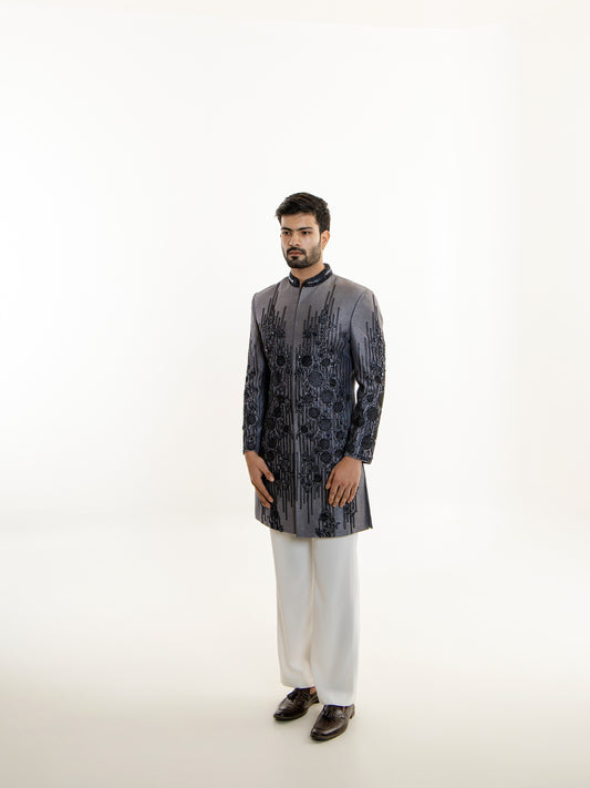 GREY GLASS CUT EMBROIDERY INDO WESTERN SET