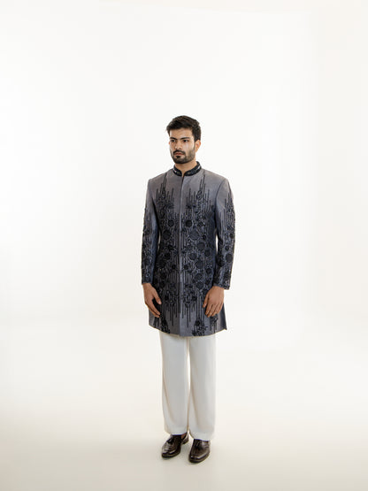 GREY GLASS CUT EMBROIDERY INDO WESTERN SET