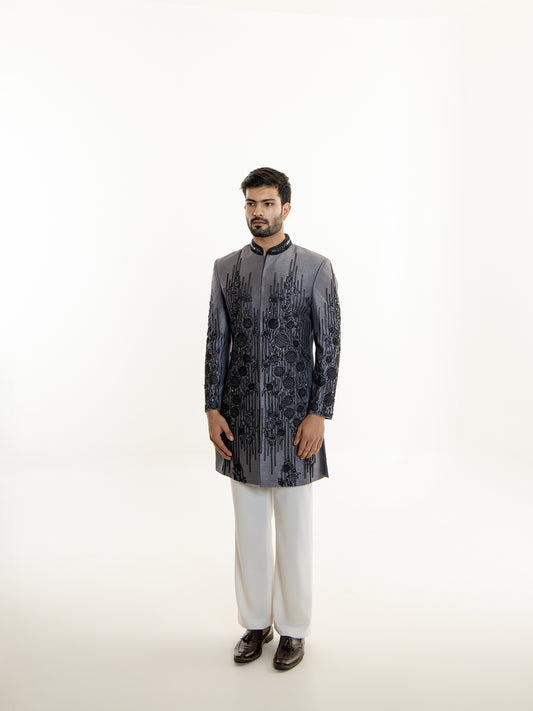 GREY GLASS CUT EMBROIDERY INDO WESTERN SET