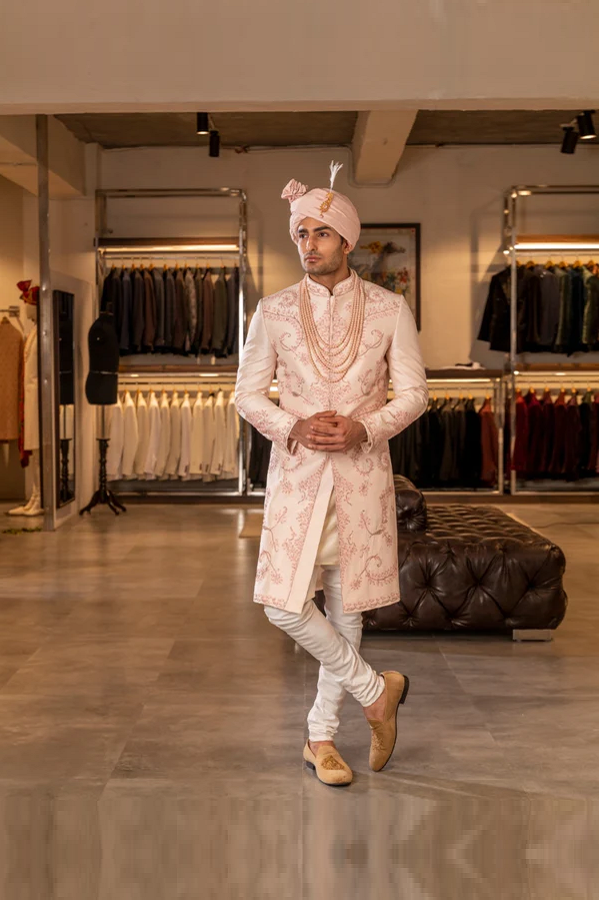 PEACH THREAD  HAND EMBROIDERY SHERWANI