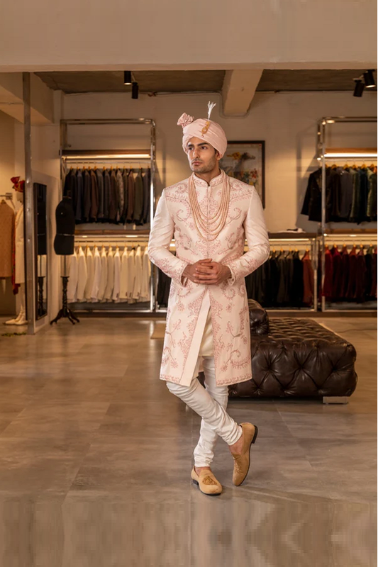 PEACH THREAD  HAND EMBROIDERY SHERWANI