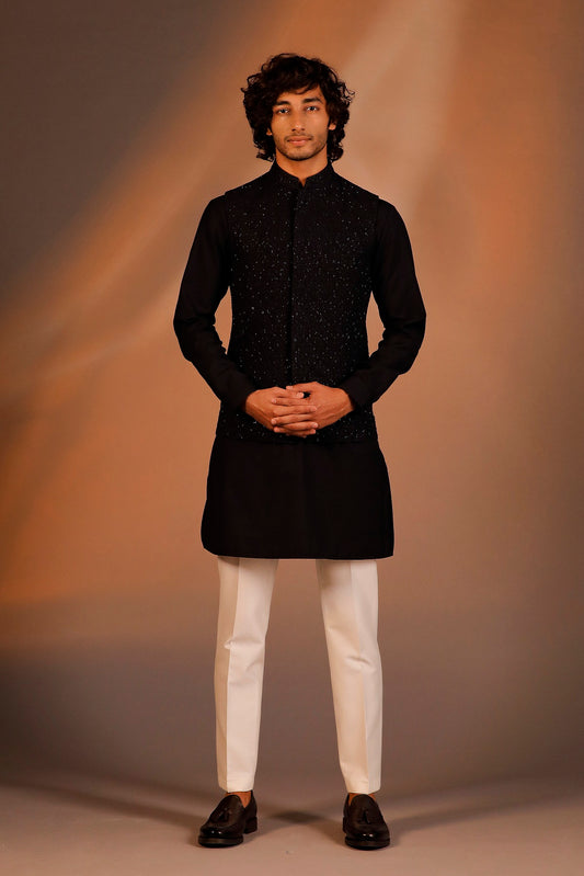 NAVY BLUE HAND EMBROIDERED JACKET KURTA SET