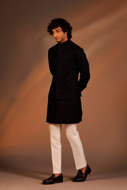 NAVY BLUE HAND EMBROIDERED JACKET KURTA SET