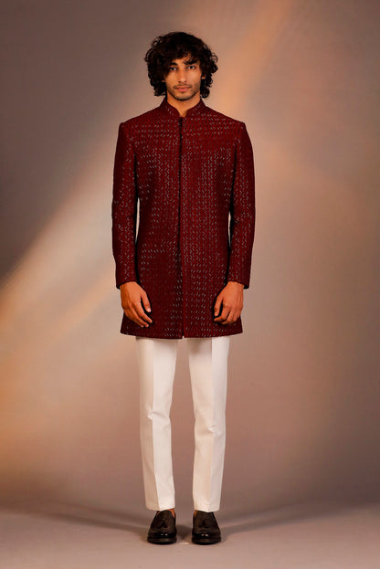 MAROON THREAD WITH GLASS CUT EMBROIDERY INDOWESTERN SET