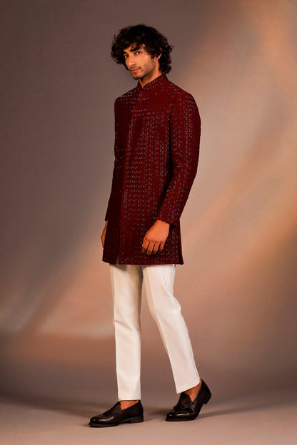 MAROON THREAD WITH GLASS CUT EMBROIDERY INDOWESTERN SET