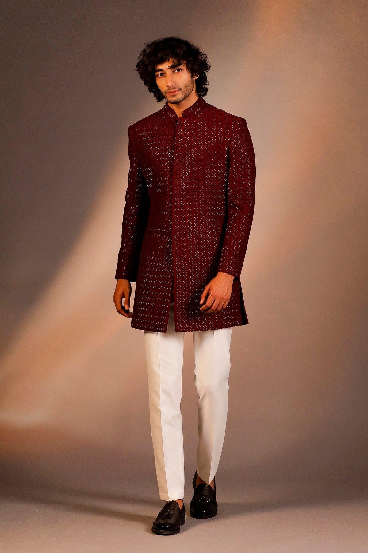 MAROON THREAD WITH GLASS CUT EMBROIDERY INDOWESTERN SET