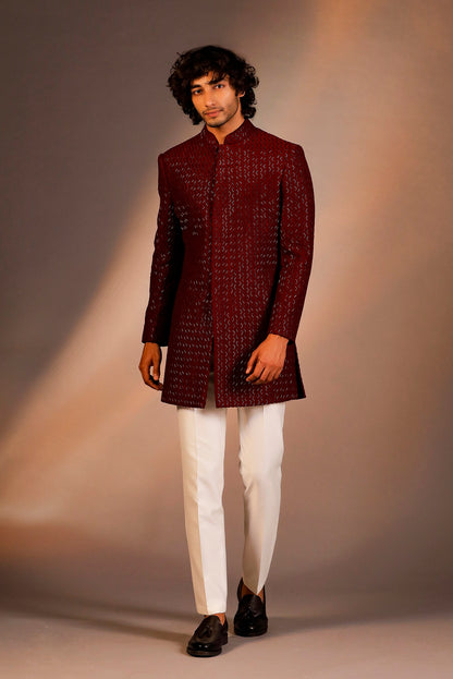 MAROON THREAD WITH GLASS CUT EMBROIDERY INDOWESTERN SET