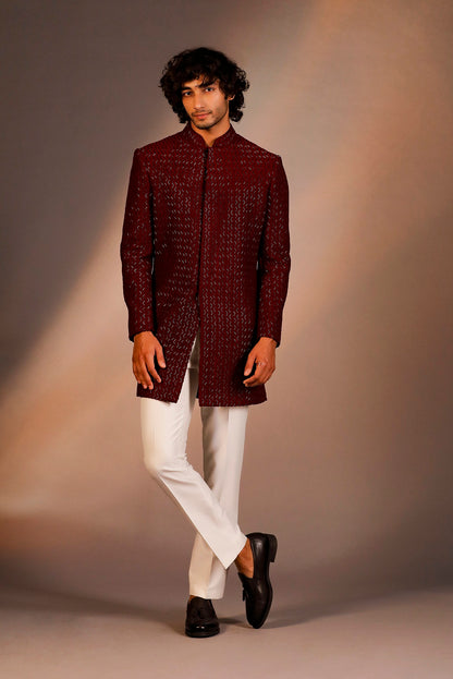 MAROON THREAD WITH GLASS CUT EMBROIDERY INDOWESTERN SET