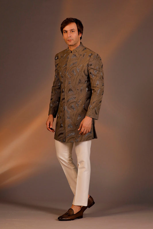 DARK BROWN THREAD WORK WITH GLASS CUT INDO WESTERN SET