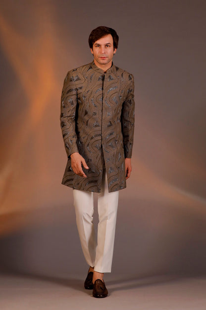 DARK BROWN THREAD WORK WITH GLASS CUT INDO WESTERN SET