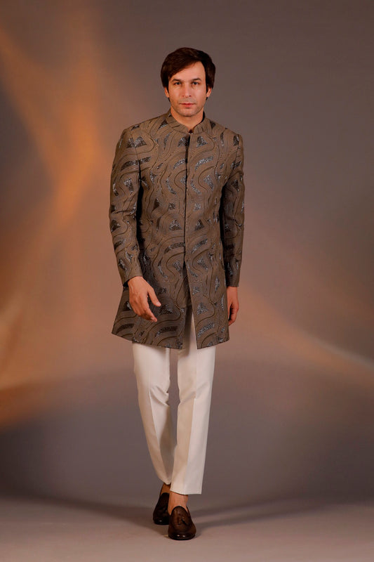 DARK BROWN THREAD WORK WITH GLASS CUT INDO WESTERN SET