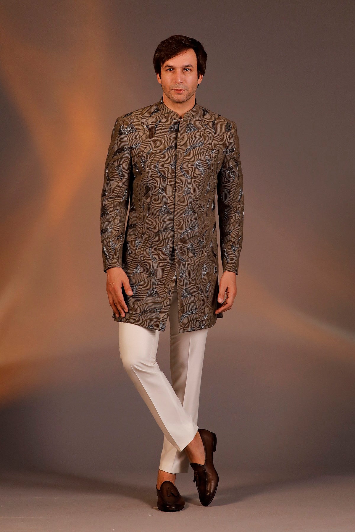 DARK BROWN THREAD WORK WITH GLASS CUT INDO WESTERN SET