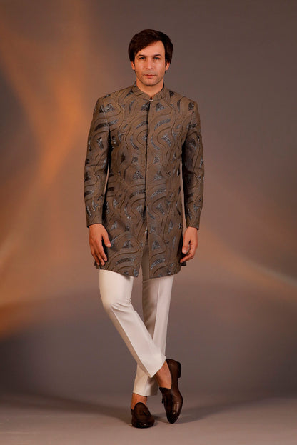 DARK BROWN THREAD WORK WITH GLASS CUT INDO WESTERN SET
