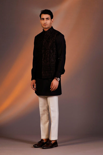 BLACK HAND EMBROIDERED NEHRU JACKET SET
