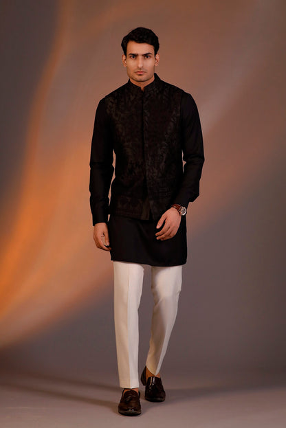 BLACK HAND EMBROIDERED NEHRU JACKET SET