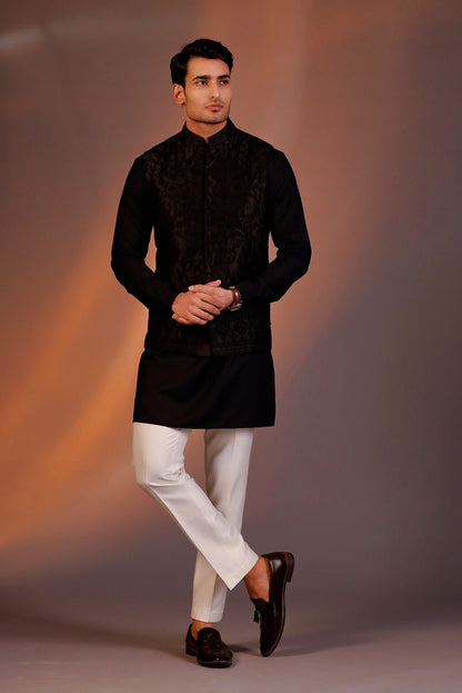 BLACK HAND EMBROIDERED NEHRU JACKET SET