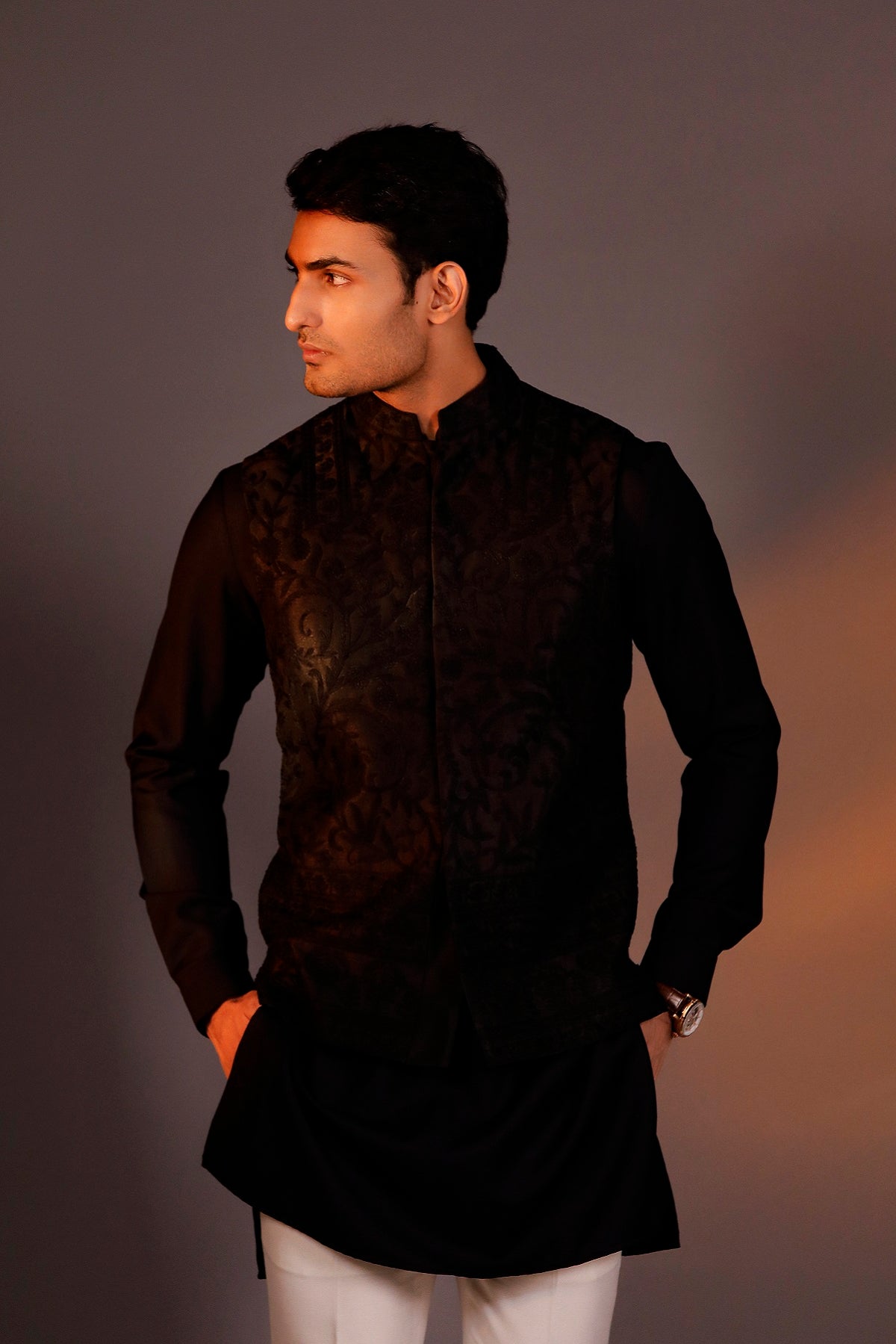 BLACK HAND EMBROIDERED NEHRU JACKET SET