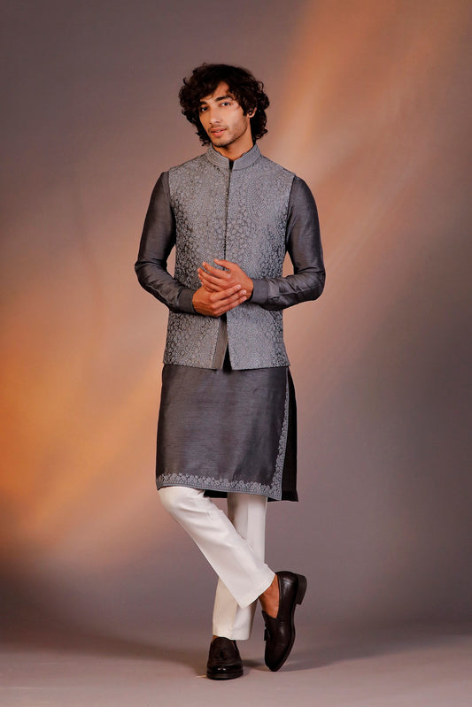 GREY NEHRU JACKET KURTA SET