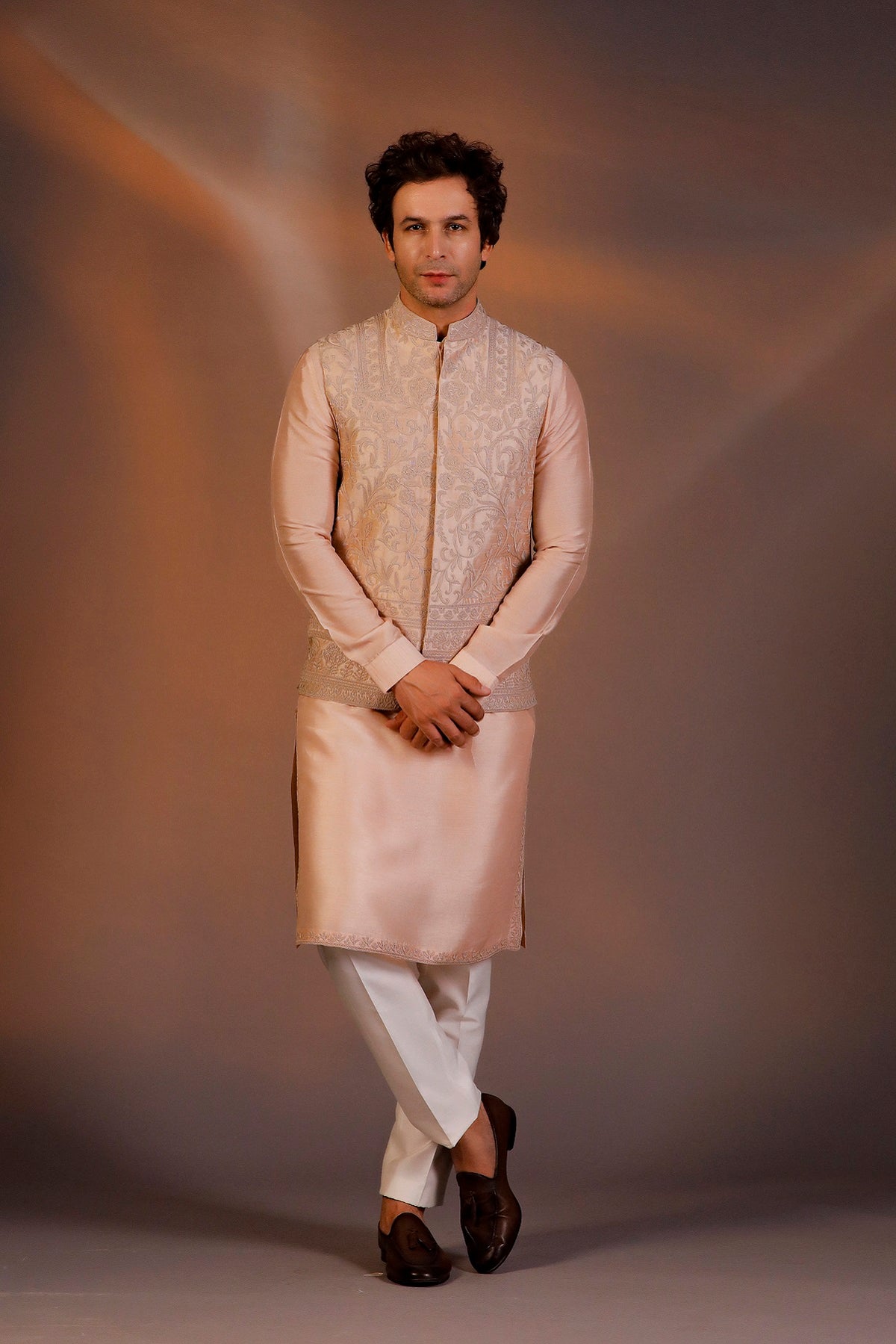 LIGHT PEACH NEHRU JACKET KURTA SET
