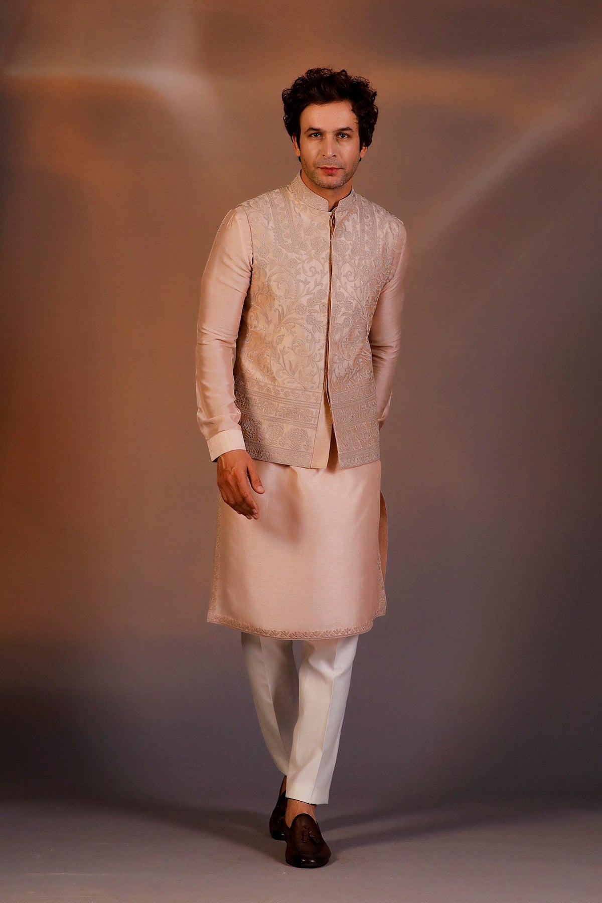 LIGHT PEACH NEHRU JACKET KURTA SET