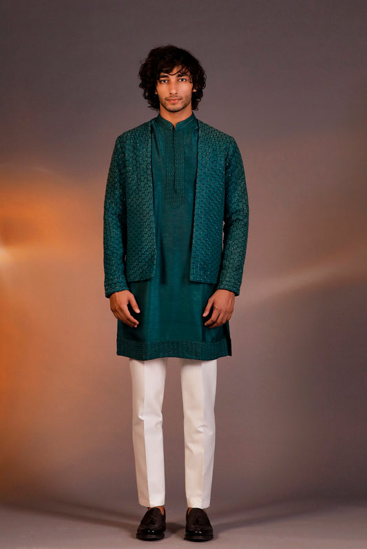DARK GREEN GLASS CUT WITH THREAD EMBROIDERY INDOWESTERN SET