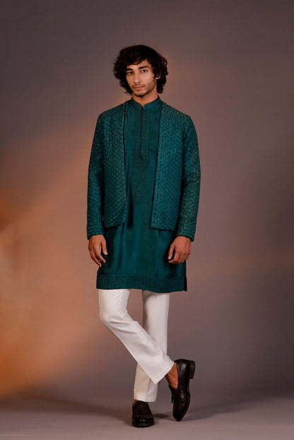 DARK GREEN GLASS CUT WITH THREAD EMBROIDERY INDOWESTERN SET