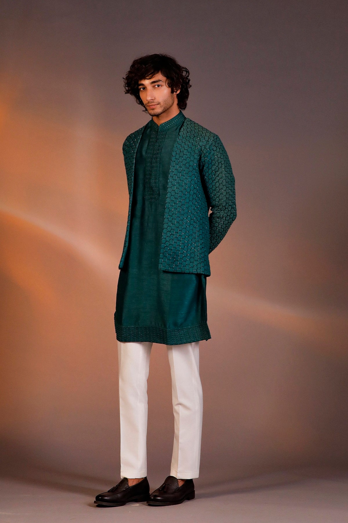 DARK GREEN GLASS CUT WITH THREAD EMBROIDERY INDOWESTERN SET