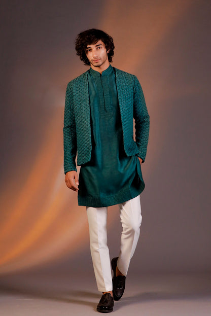 DARK GREEN GLASS CUT WITH THREAD EMBROIDERY INDOWESTERN SET