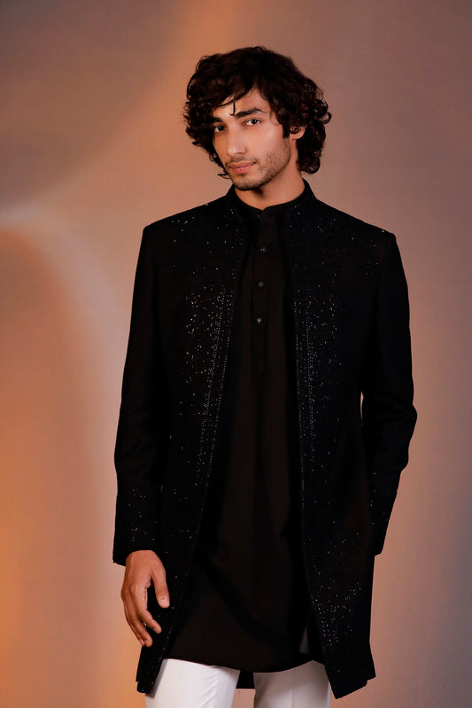 BLACK EMBROIDERY  OPEN JACKET INDOWESTERN SET