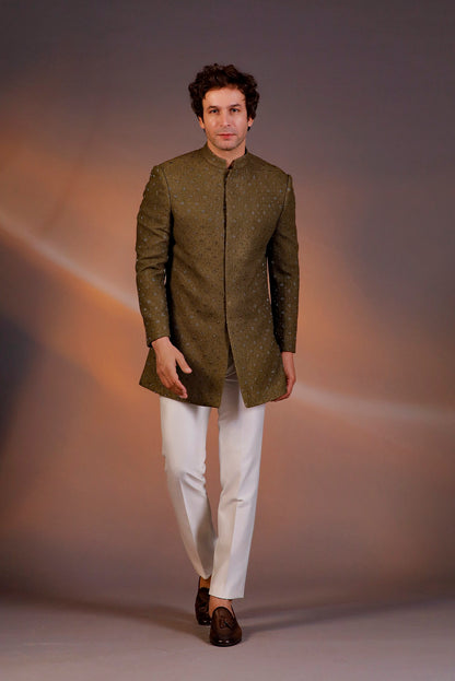 MILITARY GREEN LONG JACKET INDO WESTERN