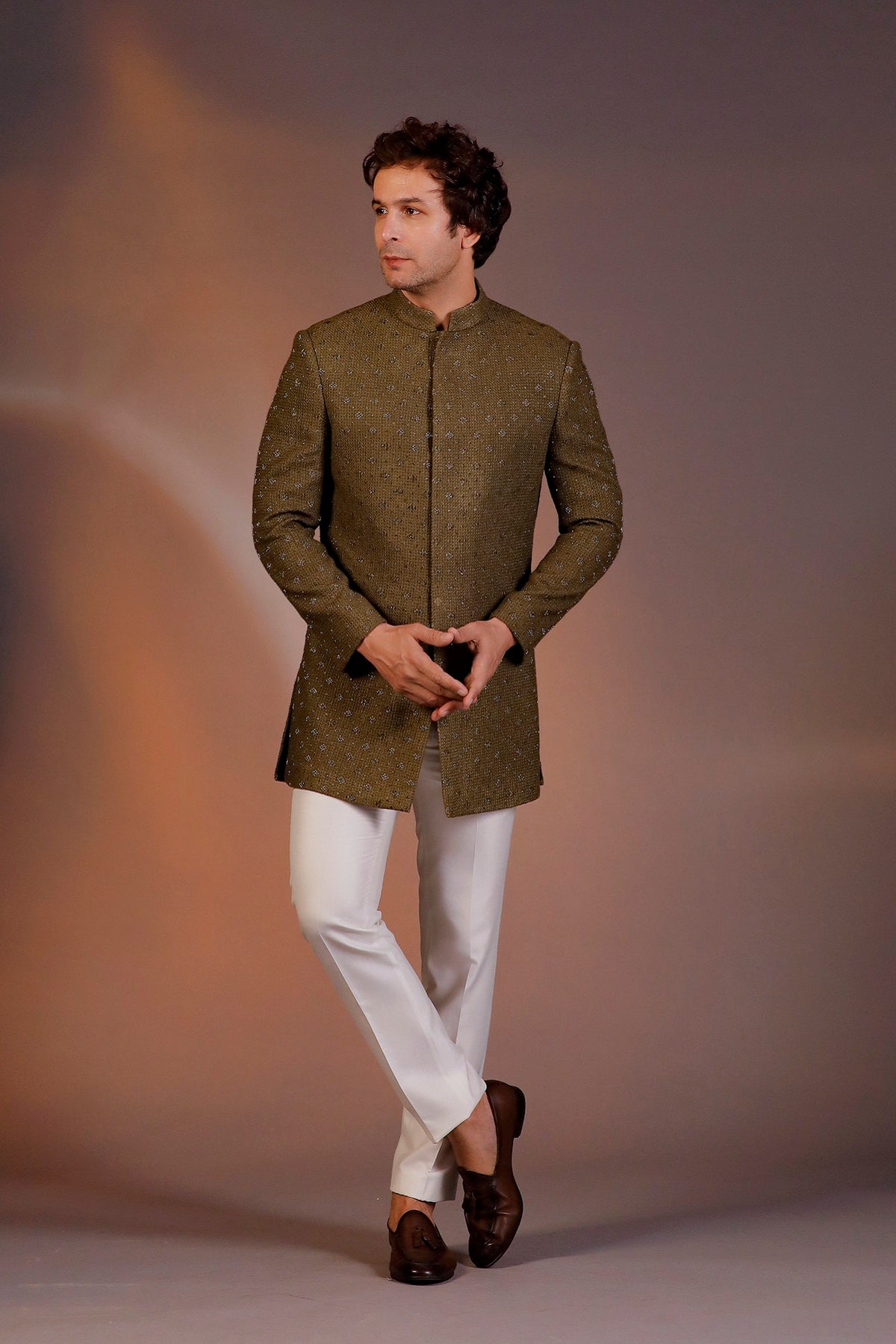 MILITARY GREEN LONG JACKET INDO WESTERN