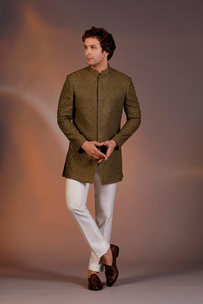 MILITARY GREEN LONG JACKET INDO WESTERN