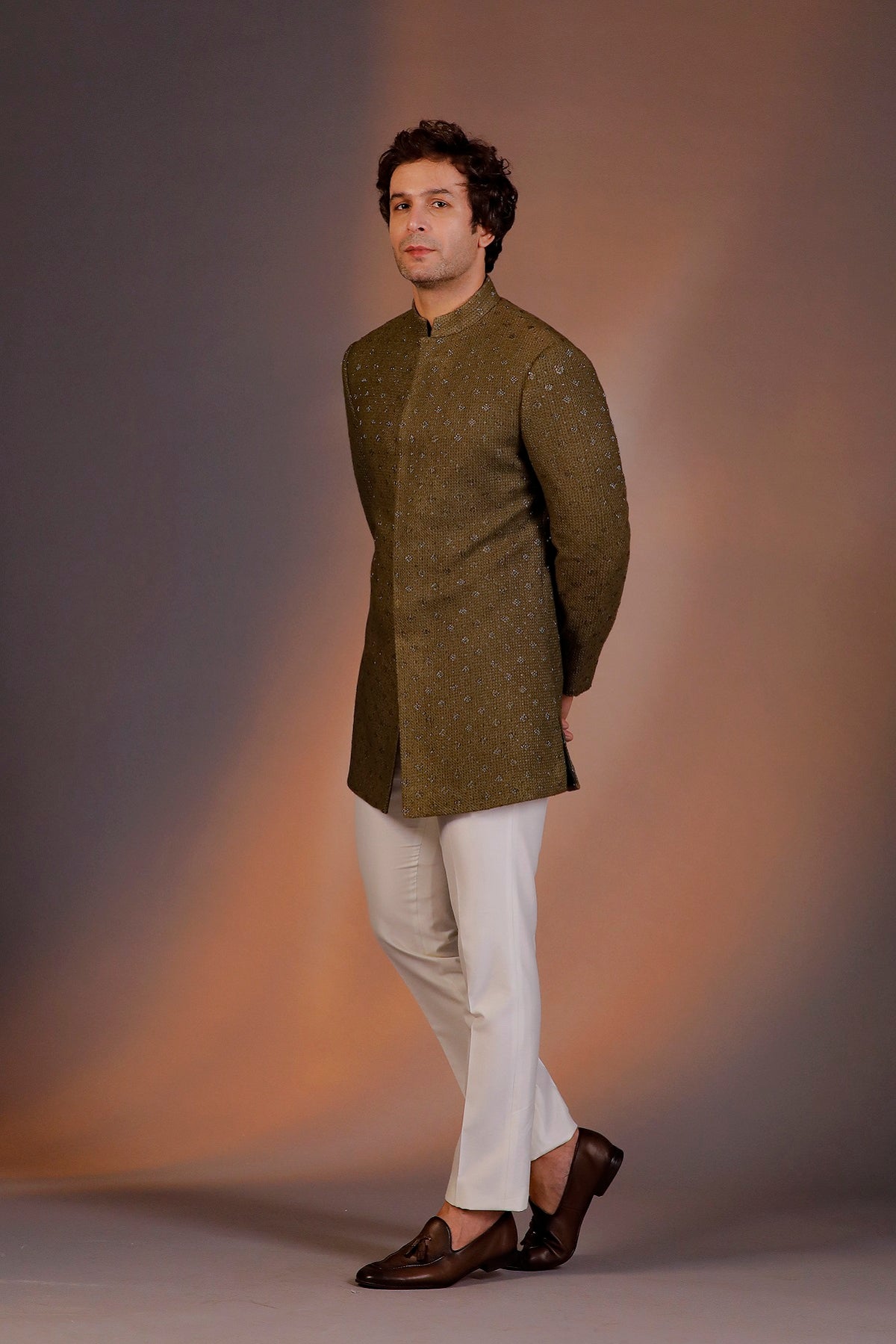 MILITARY GREEN LONG JACKET INDO WESTERN