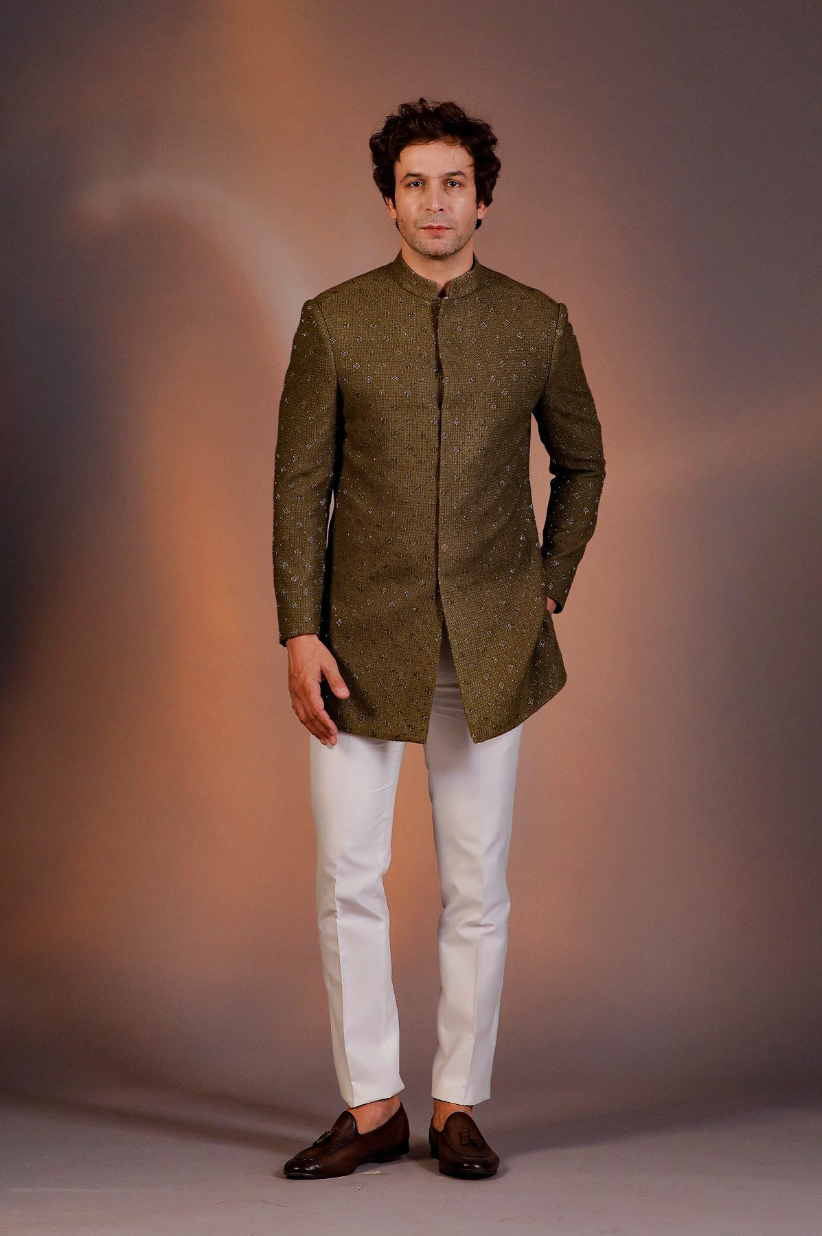 MILITARY GREEN LONG JACKET INDO WESTERN