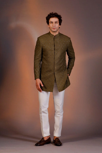 MILITARY GREEN LONG JACKET INDO WESTERN