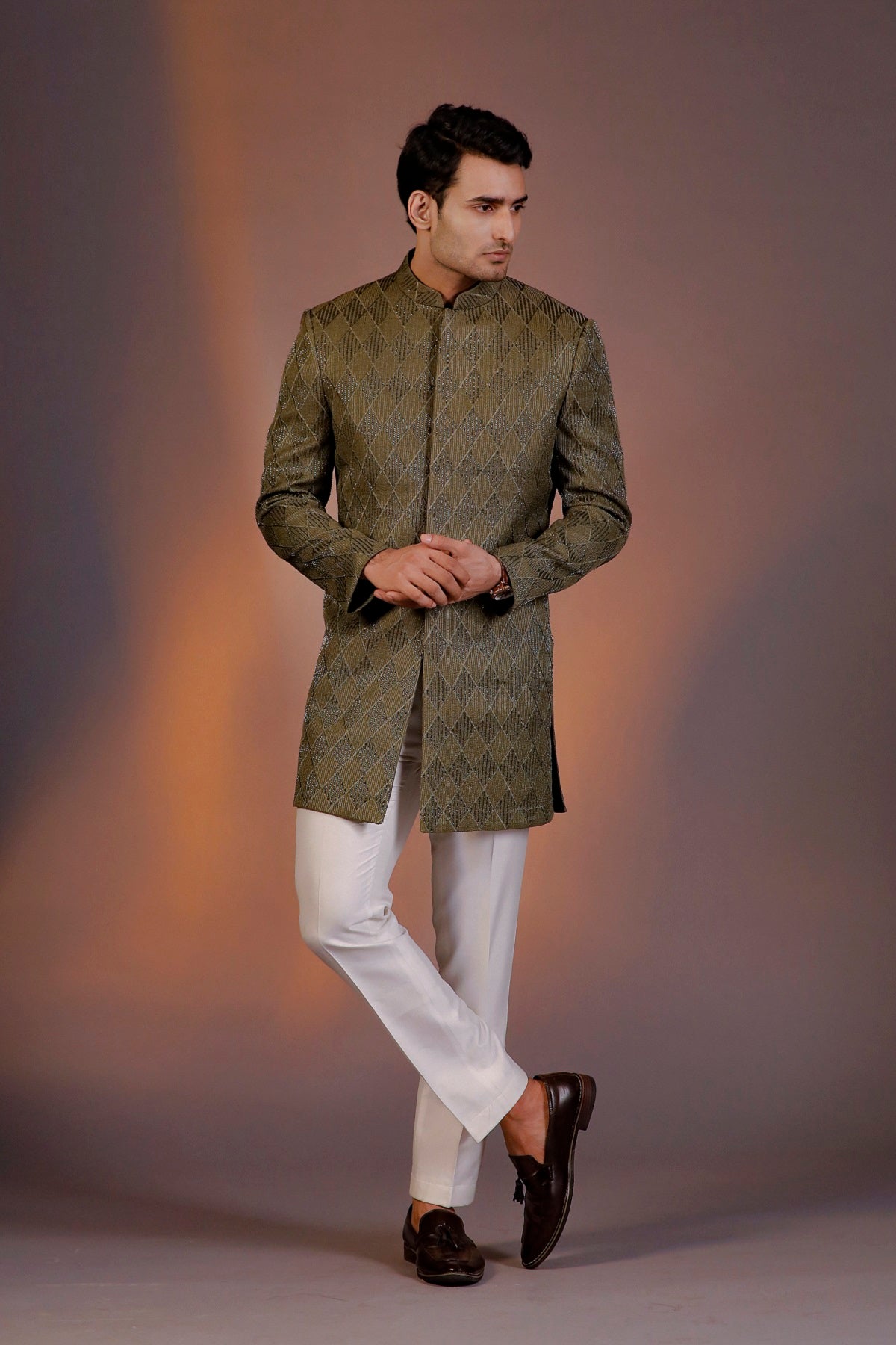 OLIVE GREEN GLASS CUT INDO WESTERN