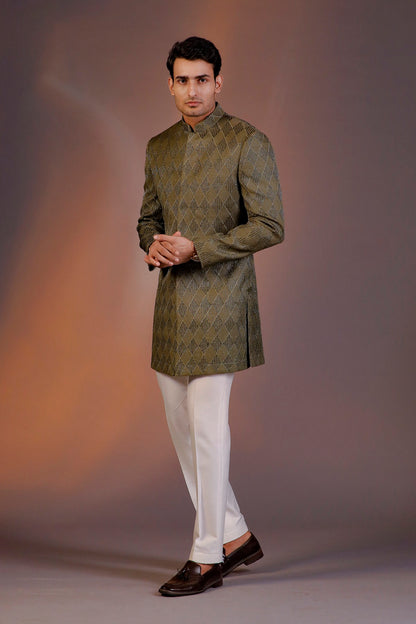OLIVE GREEN GLASS CUT INDO WESTERN