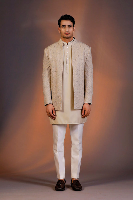 BEIGE OPEN LONG JACKET INDO WESTERN