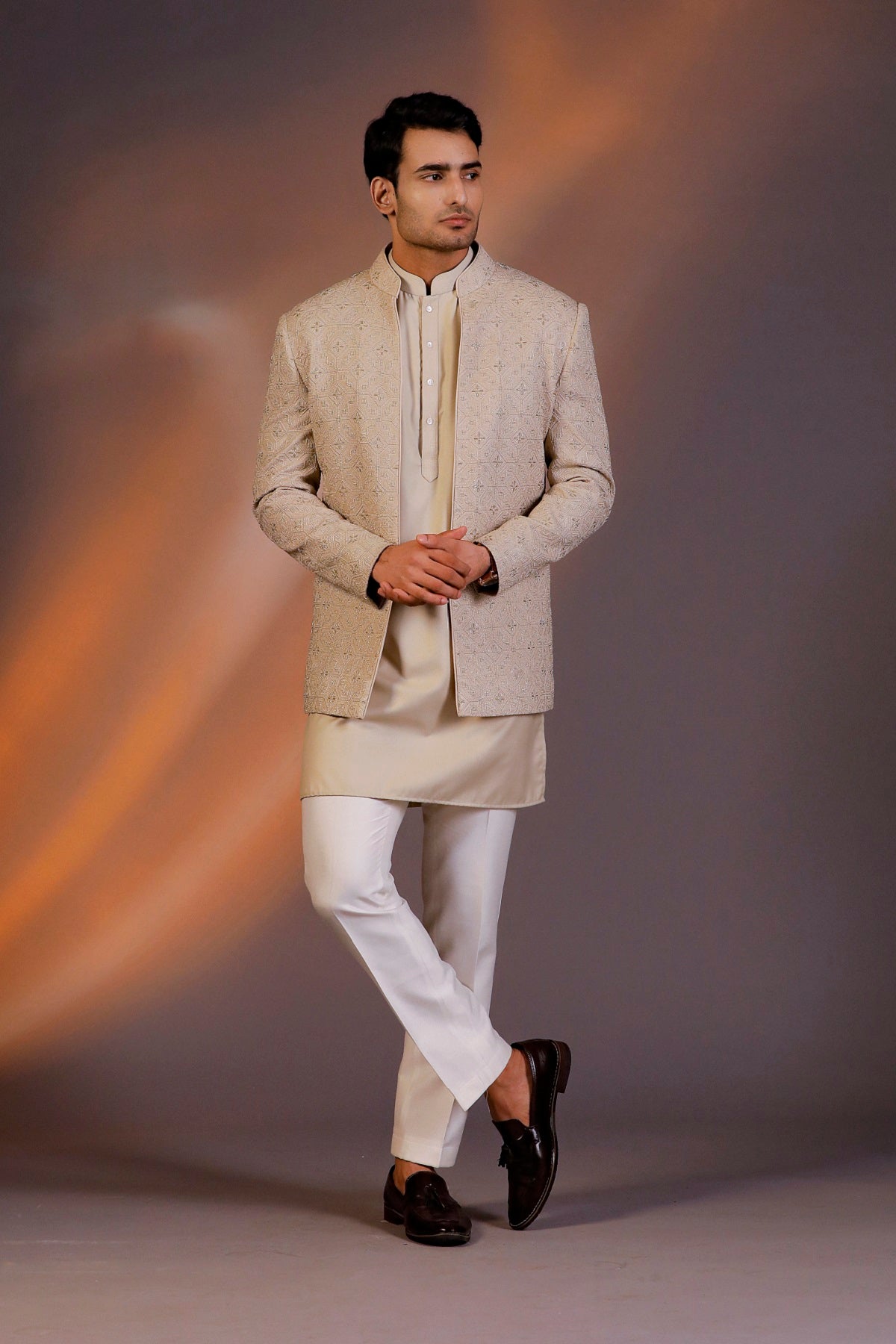 BEIGE OPEN LONG JACKET INDO WESTERN