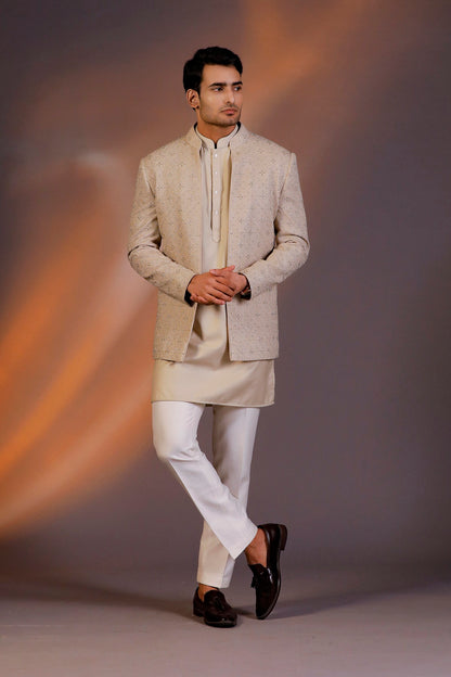 BEIGE OPEN LONG JACKET INDO WESTERN