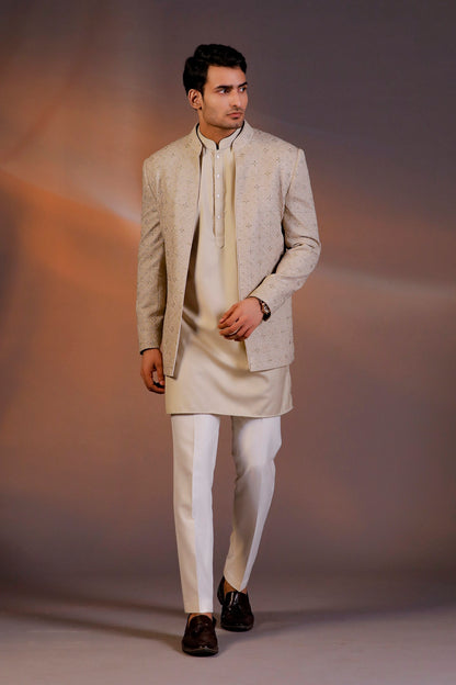 BEIGE OPEN LONG JACKET INDO WESTERN