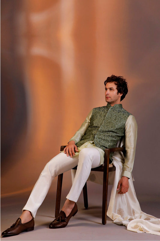 DARK GREEN JACKET LIGHT GREEN KURTA SET