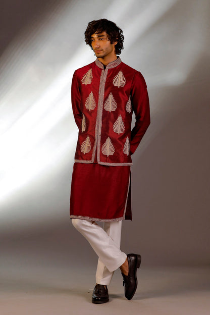 MAROON THREAD EMBROIDERY  NEHRU JACKET SET