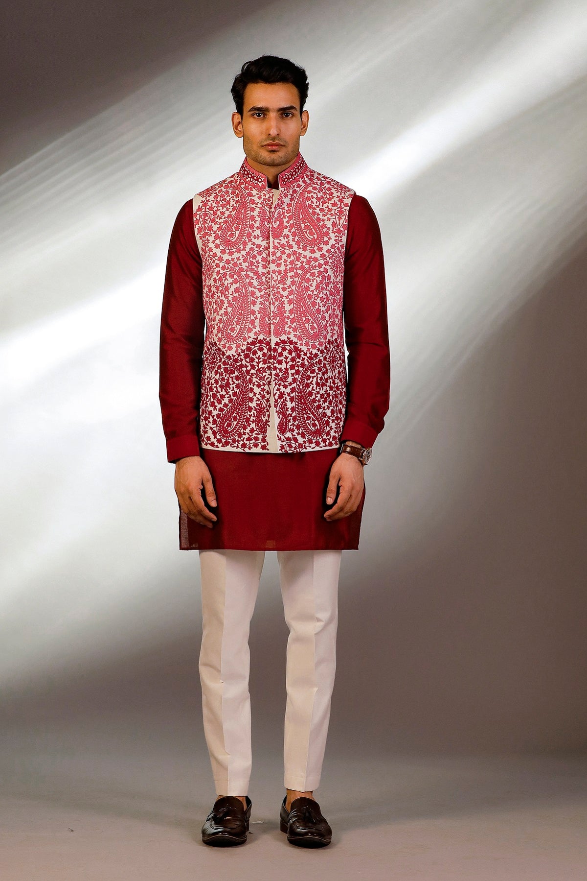 HAND EMBRIOERED NEHRU JACKET MAROON KURTA SET