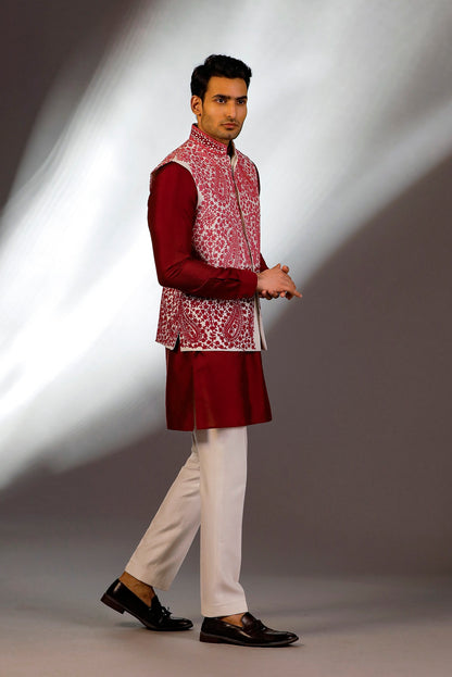 HAND EMBRIOERED NEHRU JACKET MAROON KURTA SET