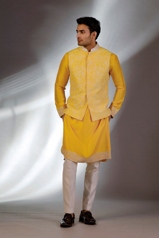 YELLOW HAND EMBROIDERED JACKET KURTA SET